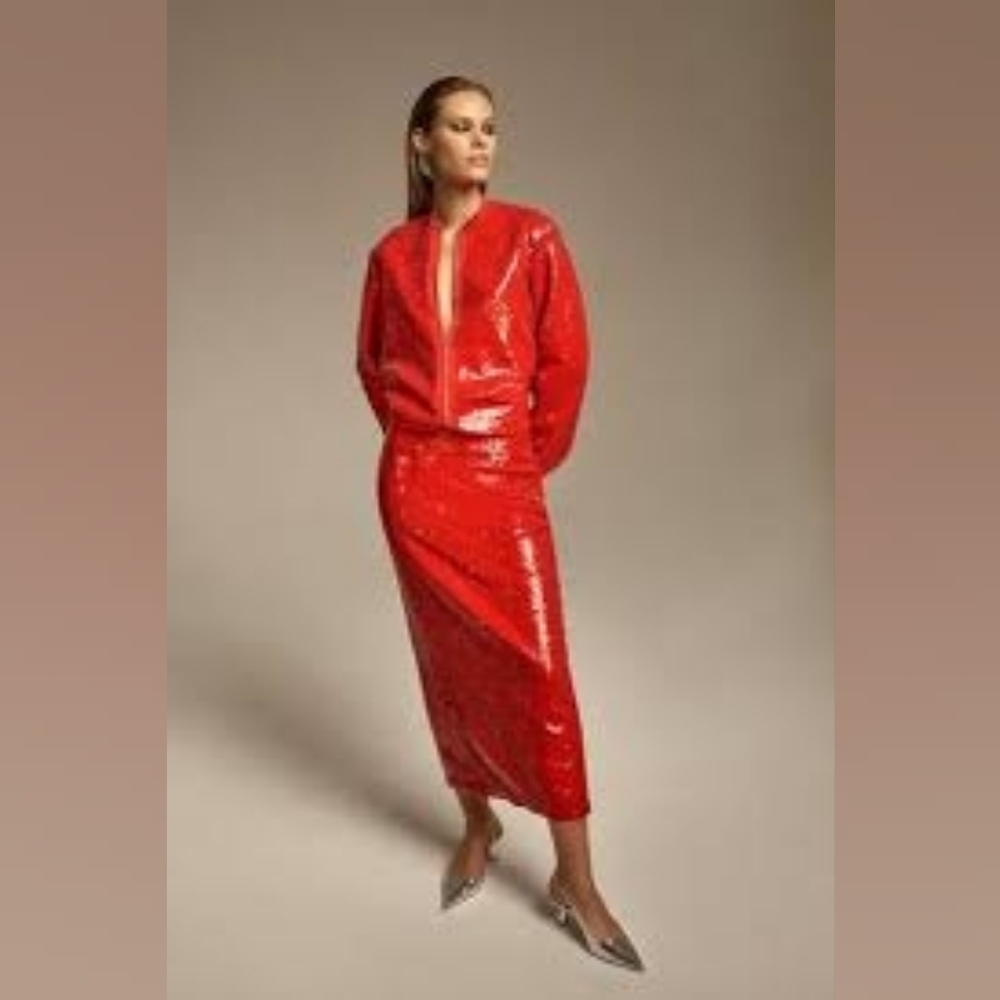 Karen Millen Sequin Woven Bomber Jacket red  BNWT